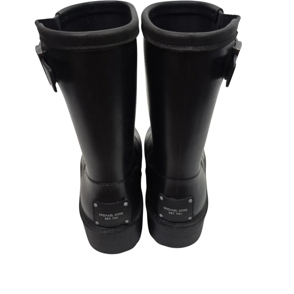 MICHAEL KORS Boots Womens 9 Black Rubber Mid Calf Rain Pull On Buckle Logo